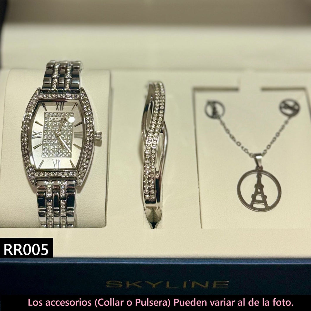 Reloj Dama Color Plateado de Acero Inoxidable  + Accesorios RR005
